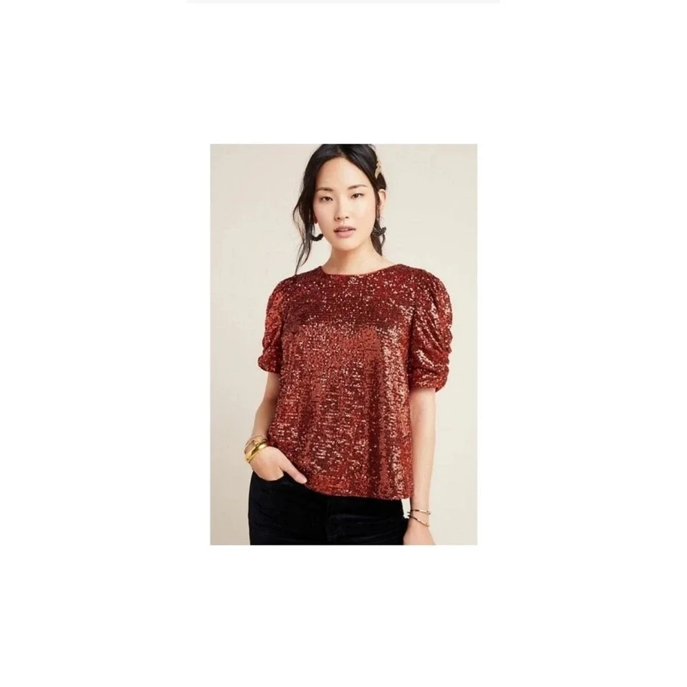 Anthropologie Marie Sequined Top Sz 2 Copper $120 Christmas Sparkle Rust NYE - Picture 2 of 13